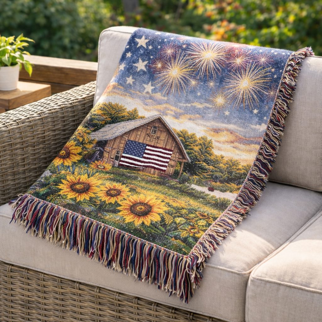 Americana tapestry on outdoor sofa